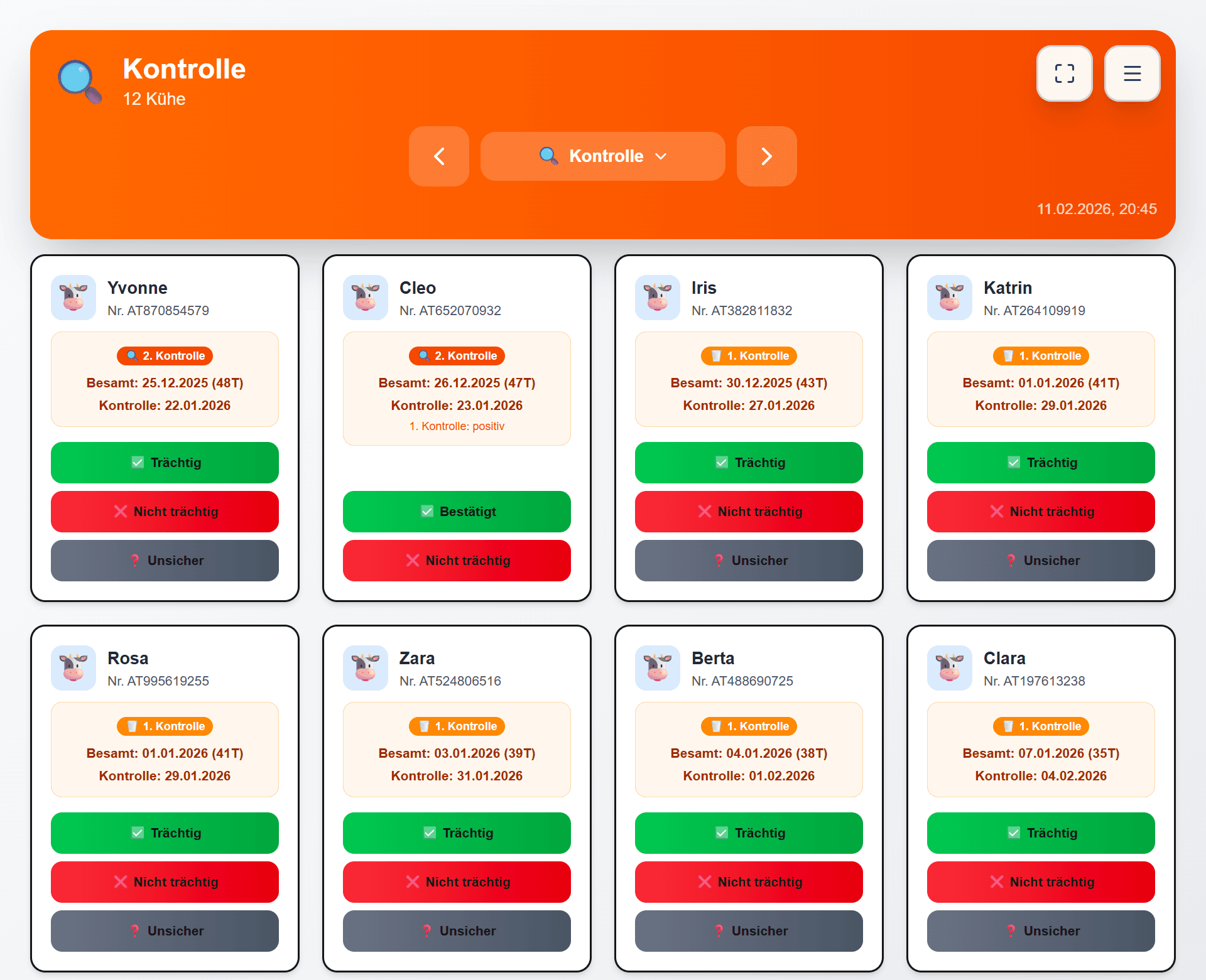 Meineherde Trächtigkeitskontrolle Dashboard